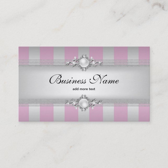 Elegant Pink Silver Grey White Stripe Pearl Chain Business Card (Front)