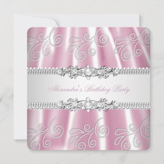 Elegant Pink Silver Lace Diamond Overlay Party Invitation (Front)