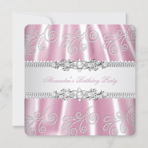 Elegant Pink Silver Lace Diamond Overlay Party Invitation