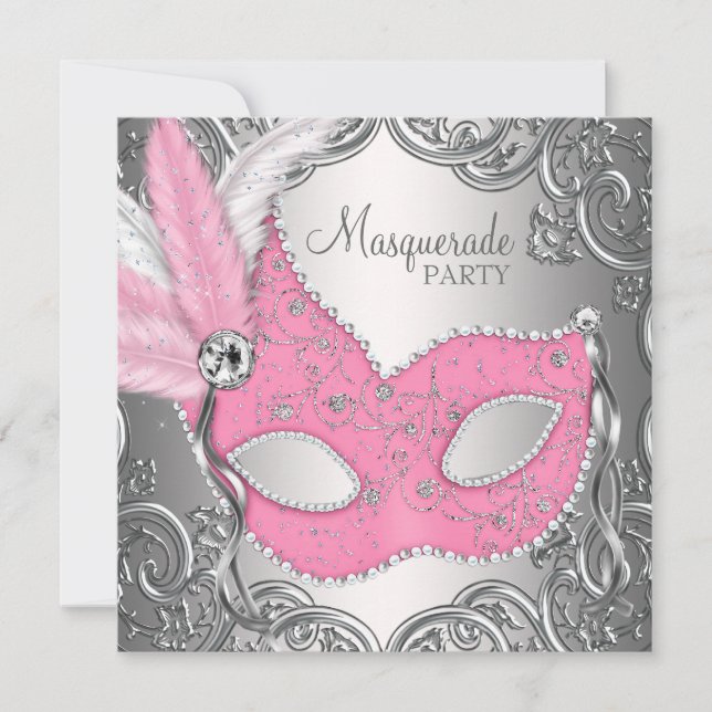 Elegant Pink Silver Mask Masquerade Party Invitation (Front)