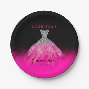 Elegant Pink   Silver Spanish Gown Quinceañera  Paper Plate