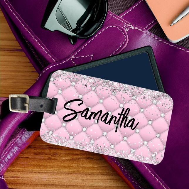 Elegant pink silver sparkly glitter monogram luggage tag (Creator Uploaded)