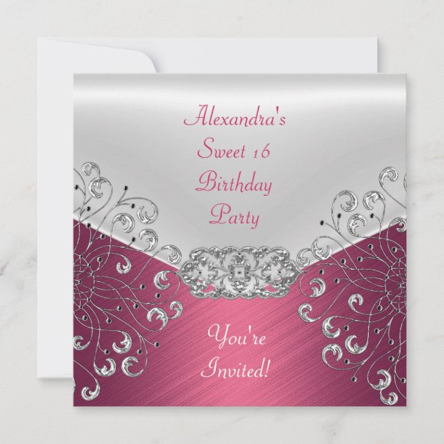Elegant Pink Silver White sweet 16 Party Invitation (Front)