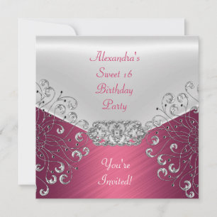 Elegant Pink Silver White sweet 16 Party Invitation