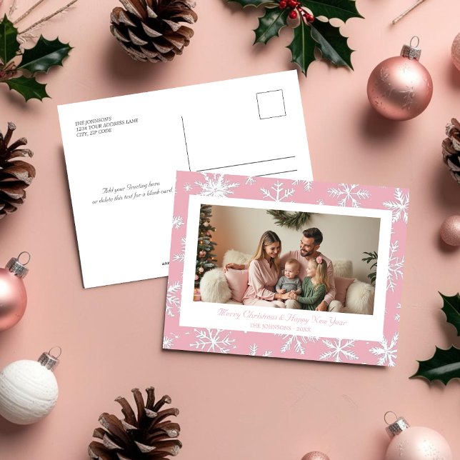 Elegant Pink Snowflakes Holiday photo Postcard (Elegant Pink Snowflakes Holiday photo Postcard)