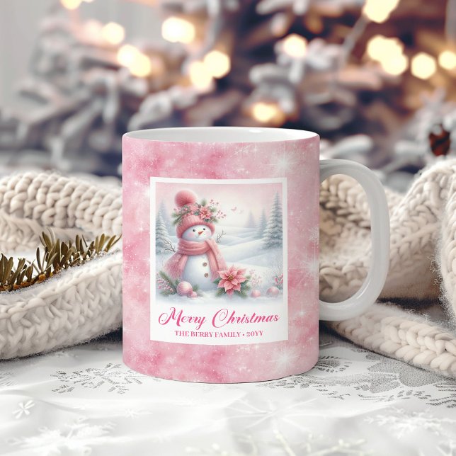 Elegant Pink Snowman Cozy Winter Forest Scene Xmas Coffee Mug (Elegant Pink Snowman Cozy Winter Forest Scene Xmas Coffee Mug)