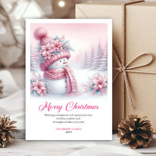 Elegant Pink Snowman Kids Editable Christmas Card