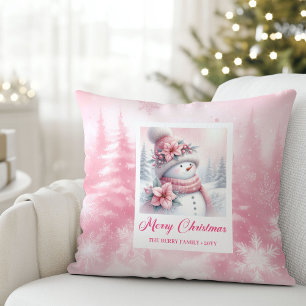 Elegant Pink Snowman Winter Scene Kids Christmas  Cushion