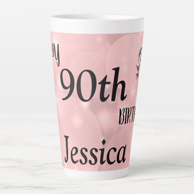 Elegant pink sparkly 90th birthday latte mug (Front)