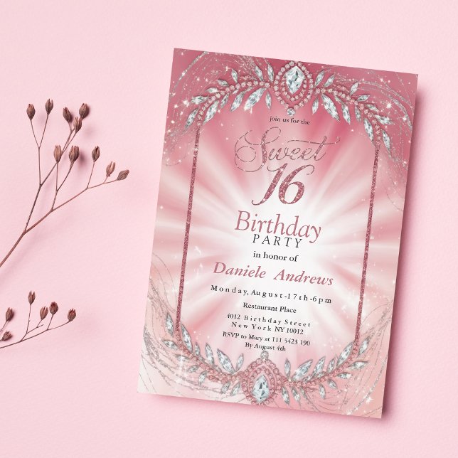 Elegant Pink Sparkly Diamond Sweet Sixteen Invitation (Elegant Pink Sparkly Diamond Sweet Sixteen )