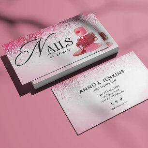 Elegant Pink Sparkly Nails Technician Monogram  Business Card