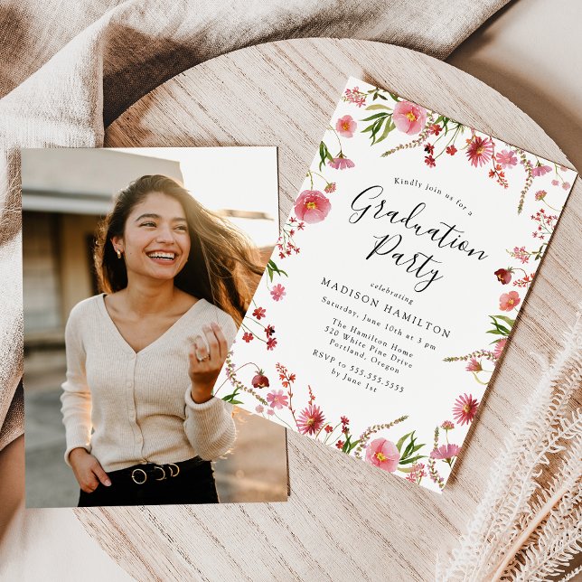 Elegant Pink Spring Floral Photo Graduation Party Invitation (Creator Uploaded)