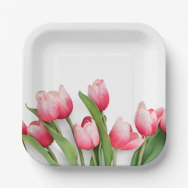 Elegant Pink Spring Tulip Floral Paper Plate (Front)