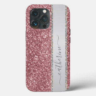 Elegant Pink Strip Glitter Custom Personalise Name iPhone 13 Pro Case
