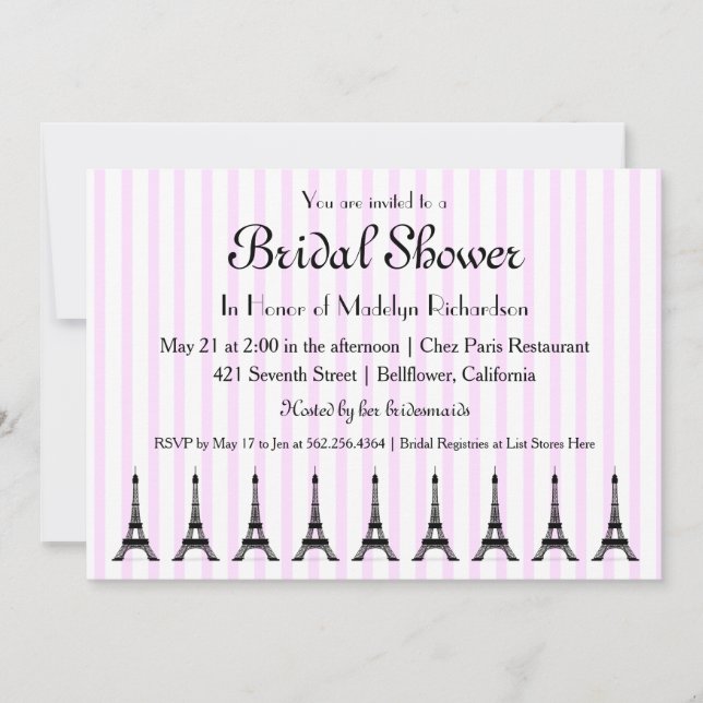 Elegant Pink Stripe French Theme Bridal Shower Invitation (Front)