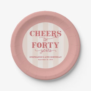 Elegant Pink Striped Cheers to 40 Years Birthday Paper Plate
