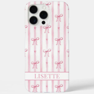 Elegant Pink Striped Coquette Bows Monogrammed iPhone 16 Pro Max Case