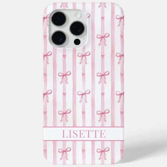Elegant Pink Striped Coquette Bows Monogrammed Case-Mate iPhone Case (Back)