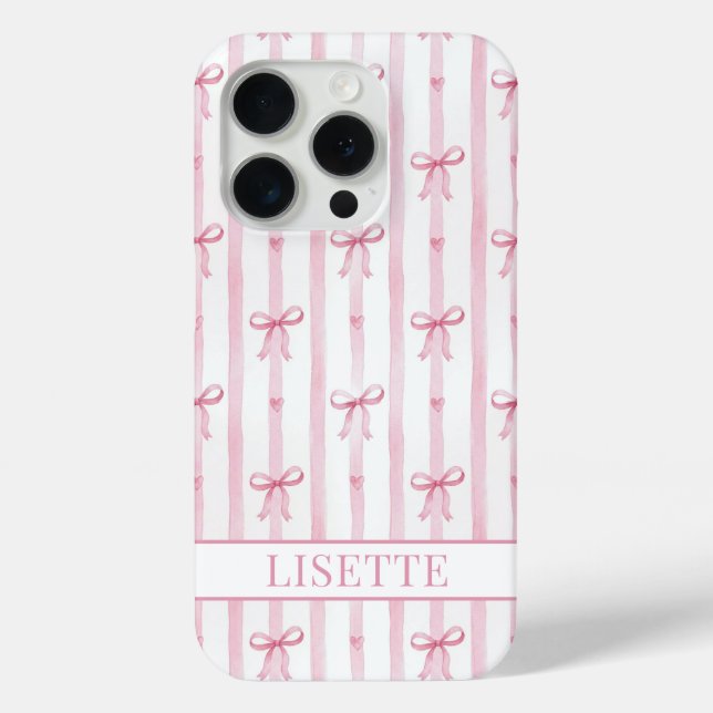 Elegant Pink Striped Coquette Bows Monogrammed Case-Mate iPhone Case (Back)