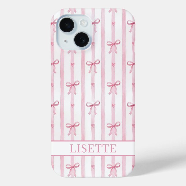 Elegant Pink Striped Coquette Bows Monogrammed Case-Mate iPhone Case (Back)