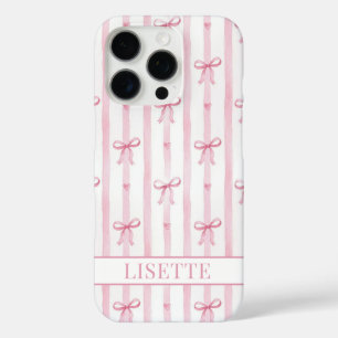 Elegant Pink Striped Coquette Bows Monogrammed iPhone 16 Pro Case