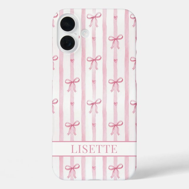 Elegant Pink Striped Coquette Bows Monogrammed Case-Mate iPhone Case (Back)