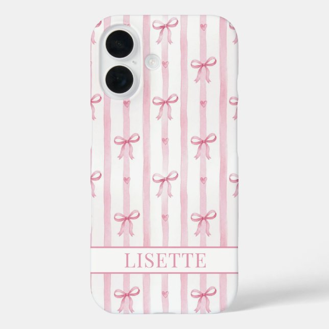 Elegant Pink Striped Coquette Bows Monogrammed Case-Mate iPhone Case (Back)