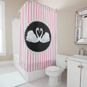 Elegant Pink Striped Pearls & Swans Shower Curtain