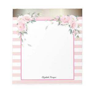 Elegant Pink Striped,Watercolor Flowers  Notepad
