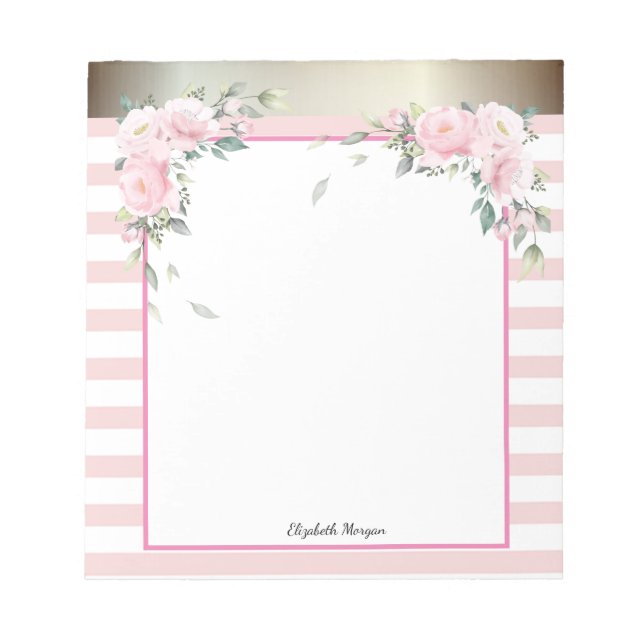 Elegant Pink Striped,Watercolor Flowers  Notepad (Front)