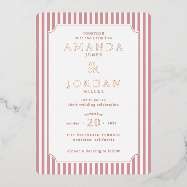 Elegant Pink Striped Wedding Invitation (Front)