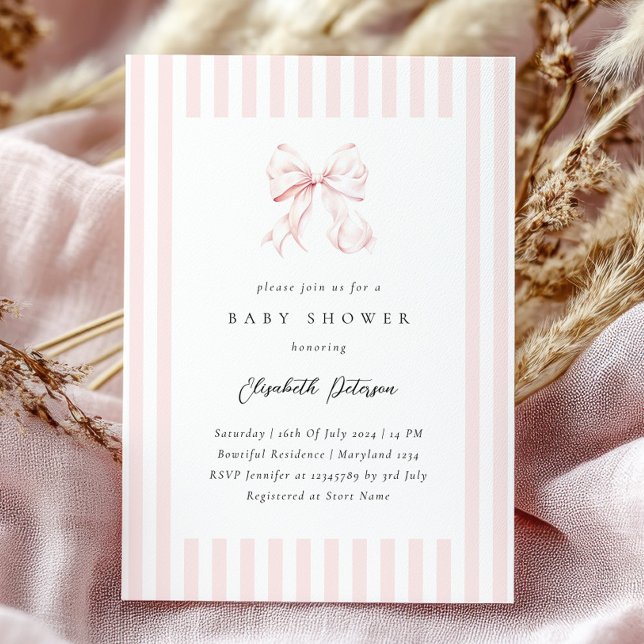 Elegant Pink Stripes Bow Baby Shower Baby Shower Invitation (Creator Uploaded)