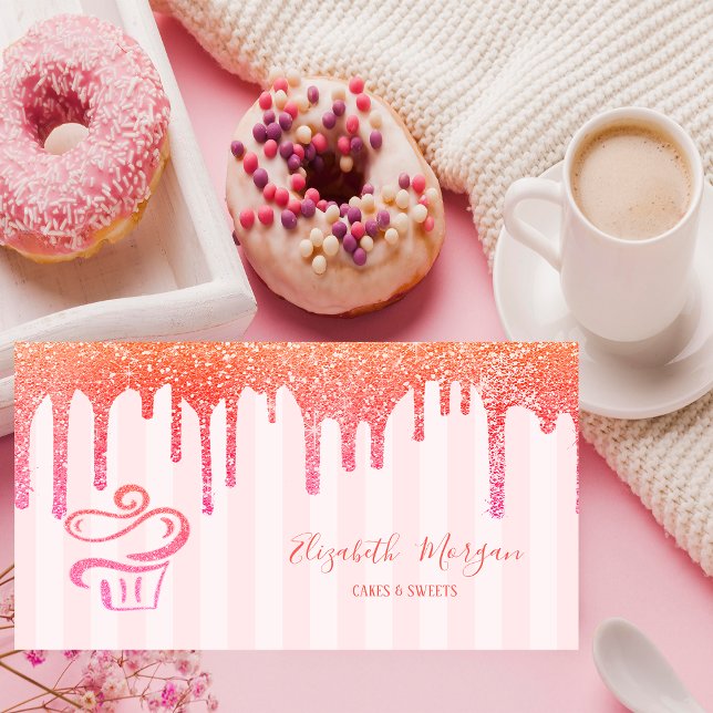 Elegant Pink Stripes Glitter Drips Cupcake  Business Card (Creator Uploaded)