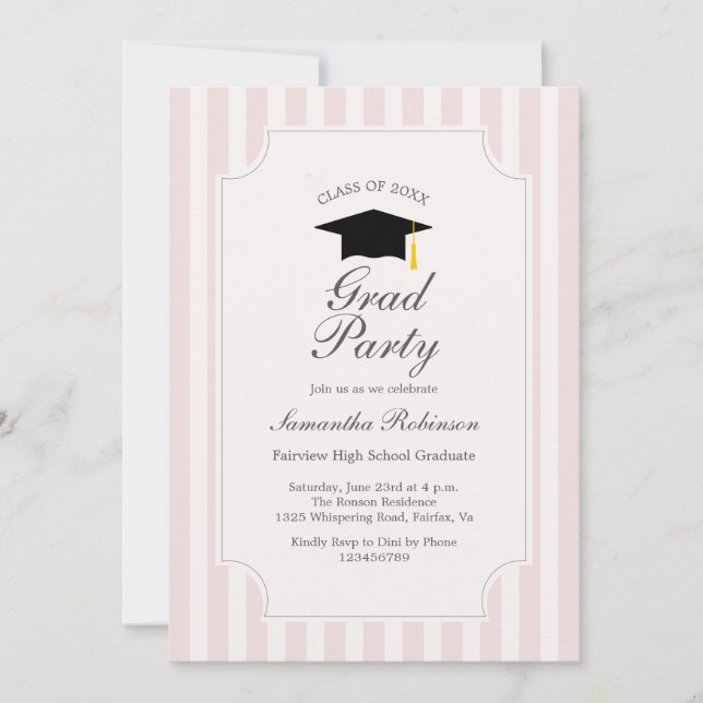 Elegant Pink Stripes Graduation Party Invitation (Front)
