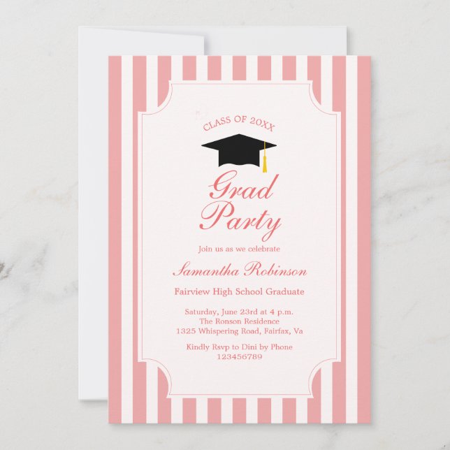 Elegant Pink Stripes Graduation Party Invitation (Front)