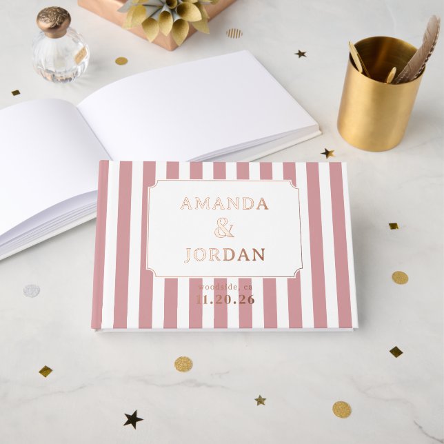 Elegant Pink Stripes Guest Book (Front Open)