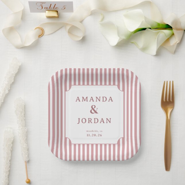 Elegant Pink Stripes Paper Plate (Wedding)