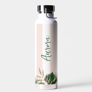 Elegant pink stripes tropical bridesmaid water bottle