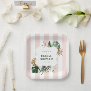 Elegant Pink stripes tropical girly bridal shower Paper Plate