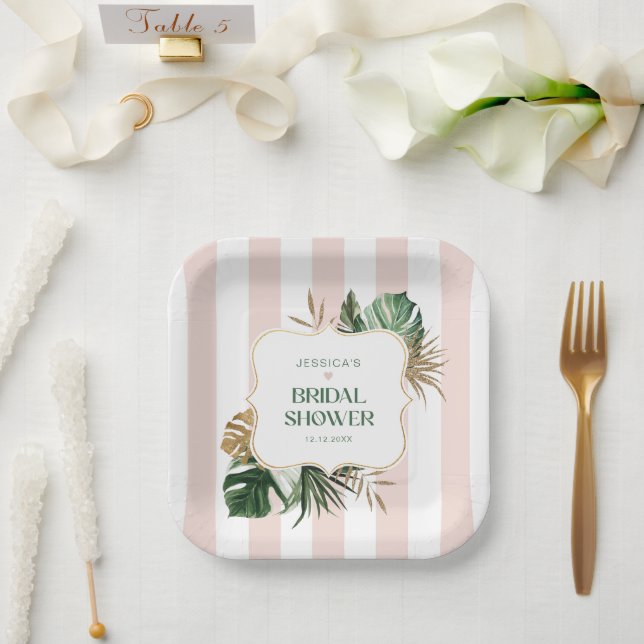 Elegant Pink stripes tropical girly bridal shower Paper Plate (Wedding)