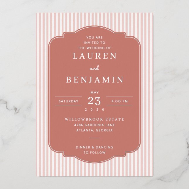 Elegant Pink Stripes Wedding Invitation (Front)