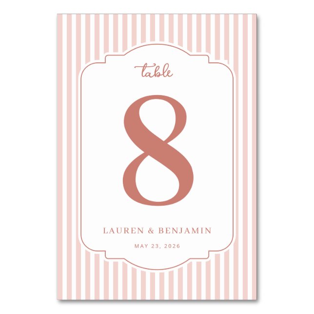 Elegant Pink Stripes with Number Eight Table Number (Front)