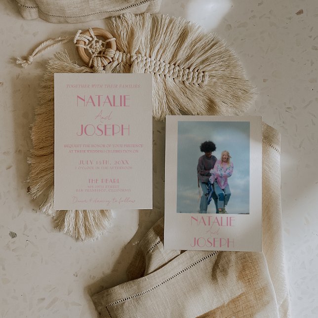 Elegant Pink Stylish Minimalist Wedding Photo  Invitation (Creator Uploaded)