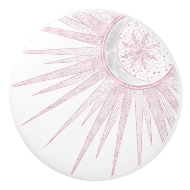 Elegant Pink Sun Moon Doodle Mandala White Design Ceramic Knob (Front)