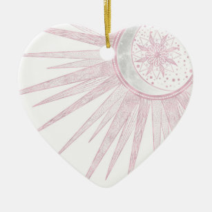 Elegant Pink Sun Moon Doodle Mandala White Design Ceramic Tree Decoration