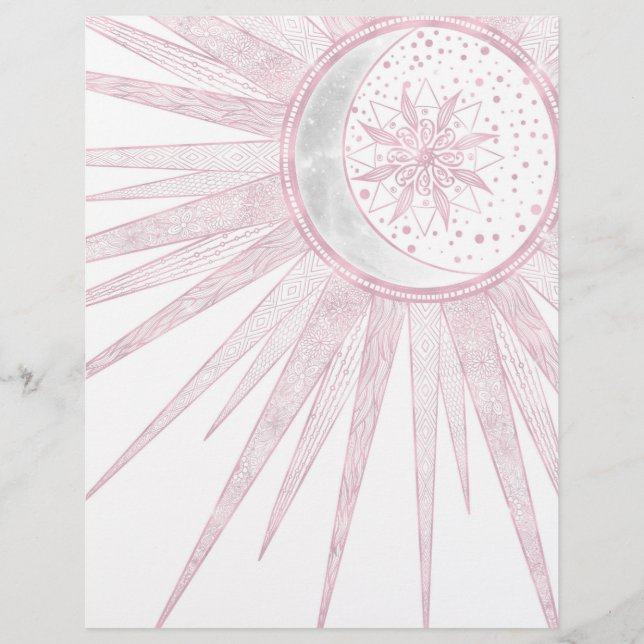 Elegant Pink Sun Moon Doodle Mandala White Design Custom Letterhead (Front)