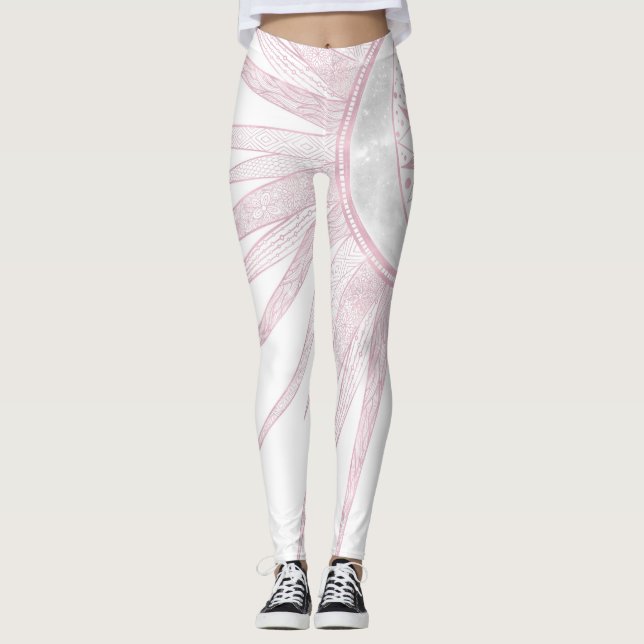 Elegant Pink Sun Moon Doodle Mandala White Design Leggings (Front)