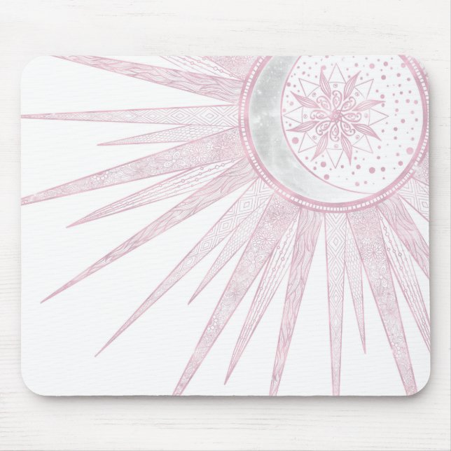 Elegant Pink Sun Moon Doodle Mandala White Design Mouse Mat (Front)
