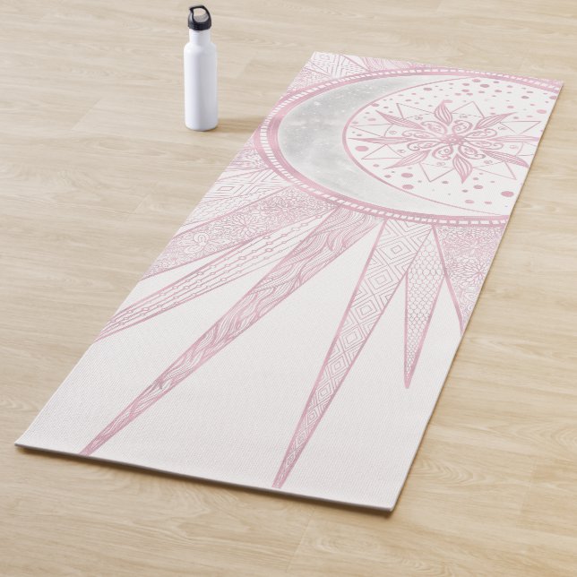 Elegant Pink Sun Moon Doodle Mandala White Design Yoga Mat (In Situ)