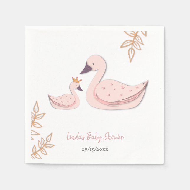 Elegant Pink Swan with Cygnet Girl Baby Shower Napkin (Front)
